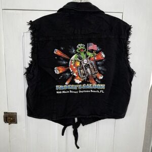 VTG Southern Steel Daytona Beach Black Sleeveless Frayed Vest Button Bike Week